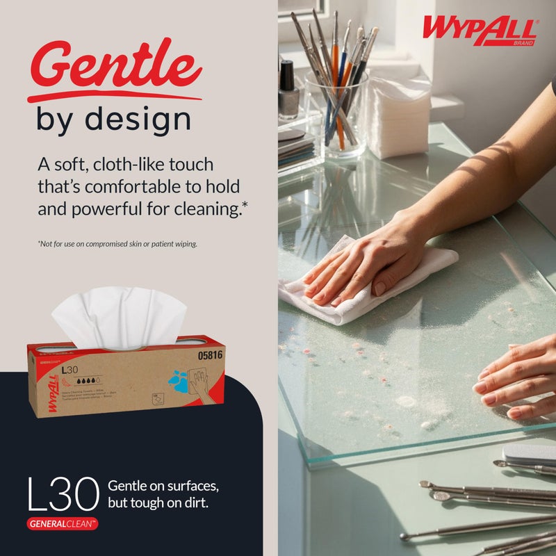 WypAll GeneralClean L30 Cloths Heavy Duty Cleaning Wipes (05816), Pop-Up Box, Strong and Soft Bulk Paper Wipers, White (6 Packs of 120 Sheets, 720 Sheet Total) - Image 4